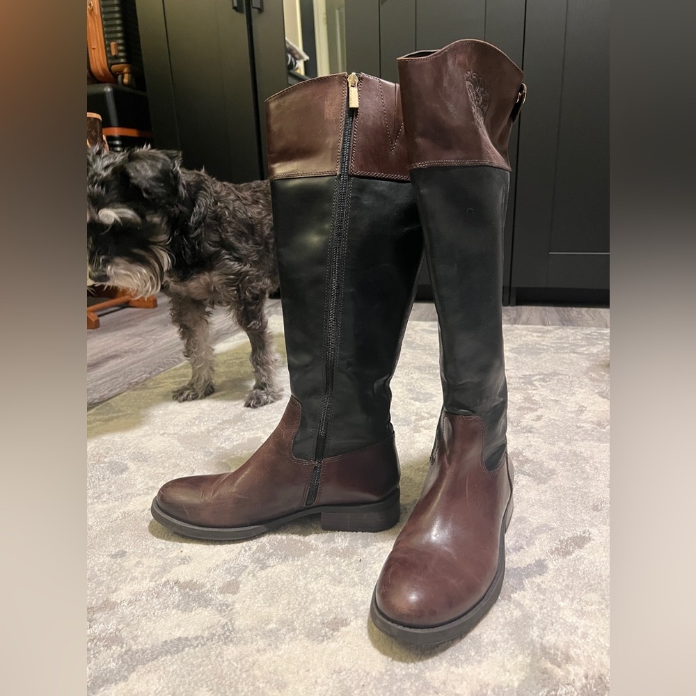 Leather, two-tone, knee high boots.
